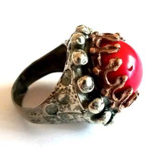 Goth Silver Brass Red Coral Ring